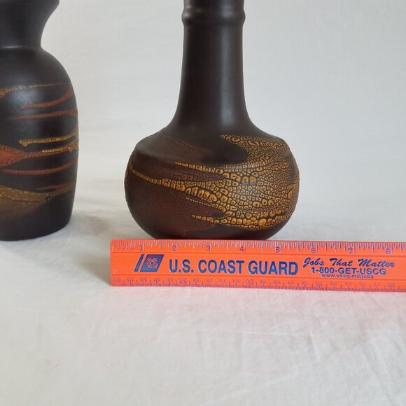 Royal Haeger Pottery Vase Set Brown Earth Wrap Volcanic Lava Orange Peel Glaze - Picture 10 of 15